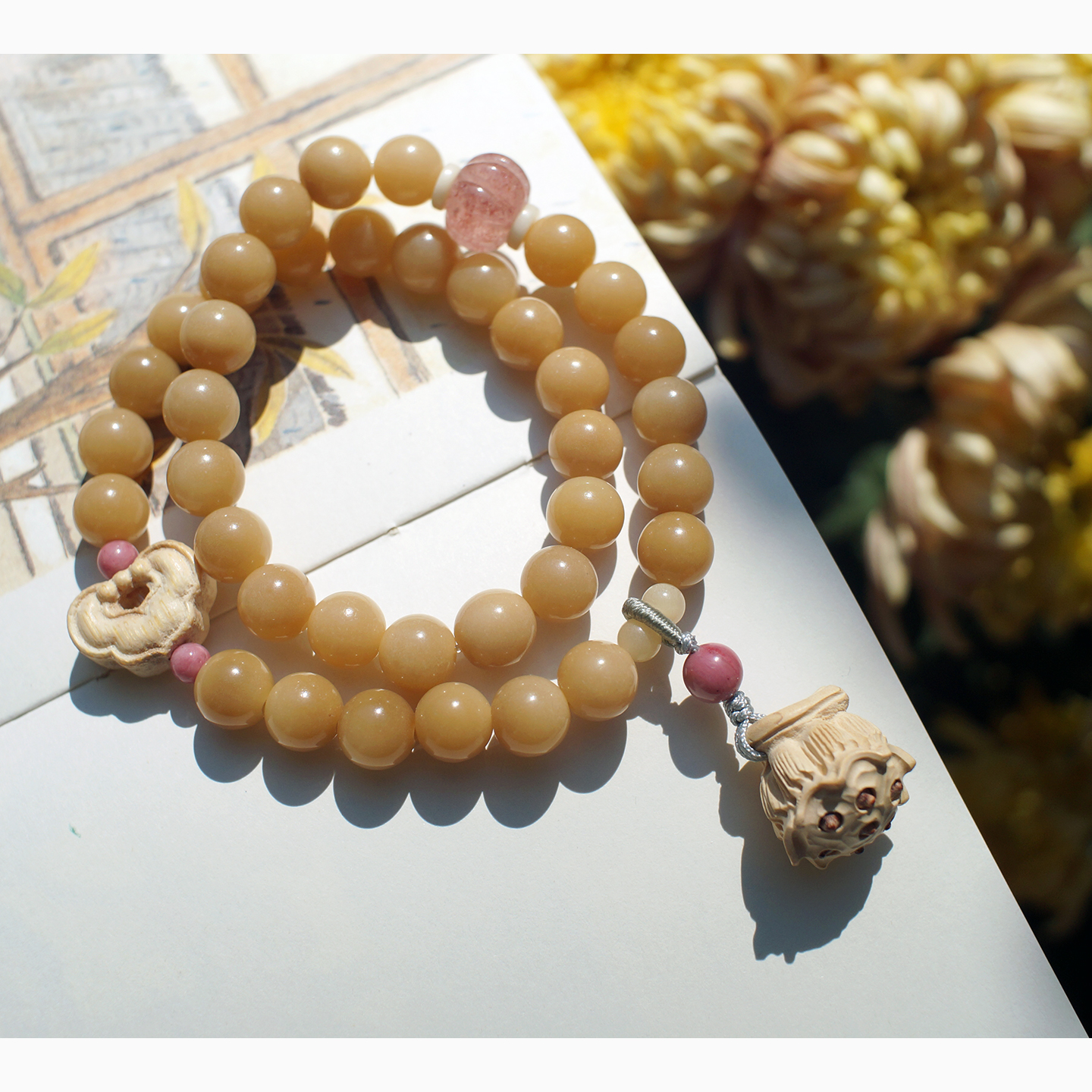 树言果语原创天然精工老菩提黄杨木雕刻莲蓬与玉竹如意包邮