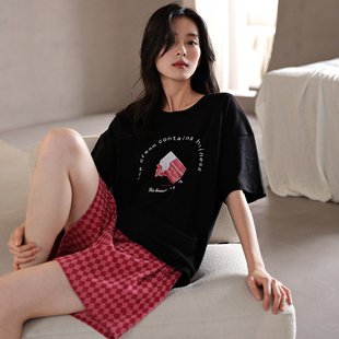 短袖 新款 短裤 休闲可外穿100全棉家居服大码 睡衣女款 套装 纯棉夏季