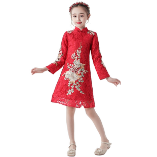 女童旗袍长袖公主裙儿童走秀表演服装轻奢花童晚礼服小孩拜年服厚