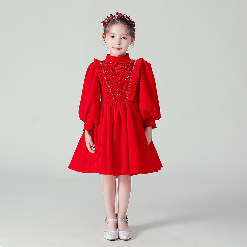 儿童礼服公主裙女童婚纱小孩花童模特走秀钢琴演出服长袖高端春夏
