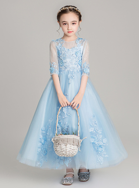 儿童晚礼服公主裙女童蓬蓬纱花童婚纱小女孩洋气蓝色连衣裙长款冬