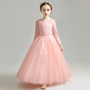 儿童礼服公主裙蓬蓬纱花童婚纱长袖 钢琴主持人演出服加绒加厚洋气