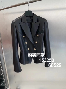 海宁2023春新款 双排扣西服皮夹克绵羊皮机车外套潮 真皮皮衣女短款