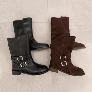 2025秋冬新款 圆头粗跟皮带扣中筒靴真皮平底复古马丁靴骑士靴 韩版