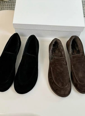 2025新款复古圆头加绒保暖平底乐福鞋女真皮懒人一脚蹬毛毛鞋单鞋