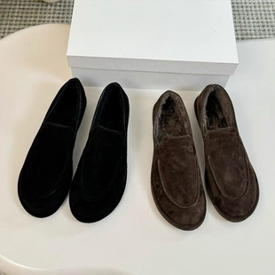 单鞋 女真皮懒人一脚蹬毛毛鞋 复古圆头加绒保暖平底乐福鞋 2025新款