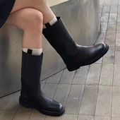 2025秋冬新款 韩版 圆头粗跟中筒靴女真皮百搭宽筒骑士靴显瘦长靴女