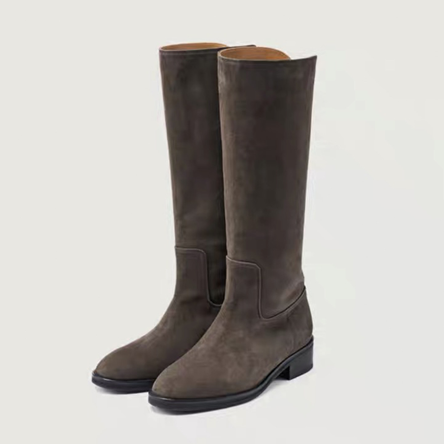 2025秋冬新款韩版圆头粗跟高筒靴女真皮百搭低跟骑士靴宽筒长靴女,女鞋,时装靴,淘宝优惠券,粉丝福利购,淘宝优惠卷