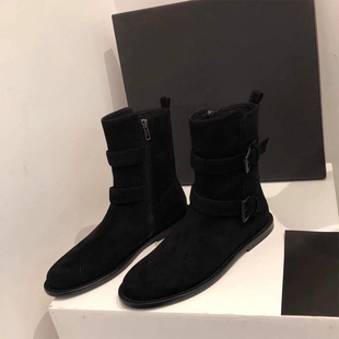 2025秋冬新款 圆头平底皮带扣短靴女真皮侧拉链短筒马丁靴踝靴 韩版