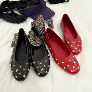 瓢鞋 2025新款 女真皮圆头一脚蹬玛丽珍鞋 星星铆钉平底浅口单鞋 法式