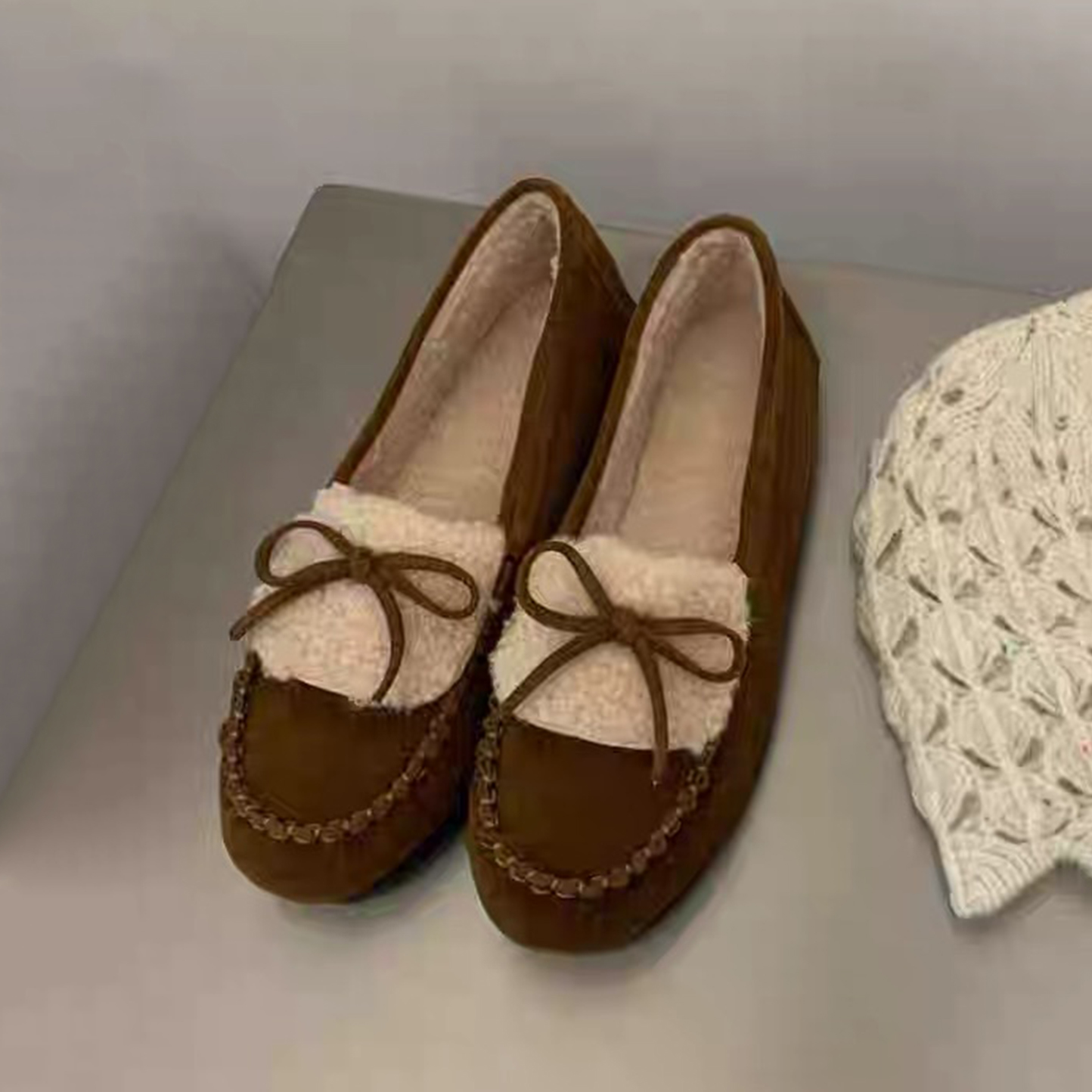 蝴蝶结毛毛保暖乐福鞋浅口单鞋