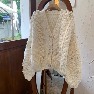 秋冬款加厚手工粗棒针开衫女慵懒风宽松短款毛衣外套外搭纯色上衣