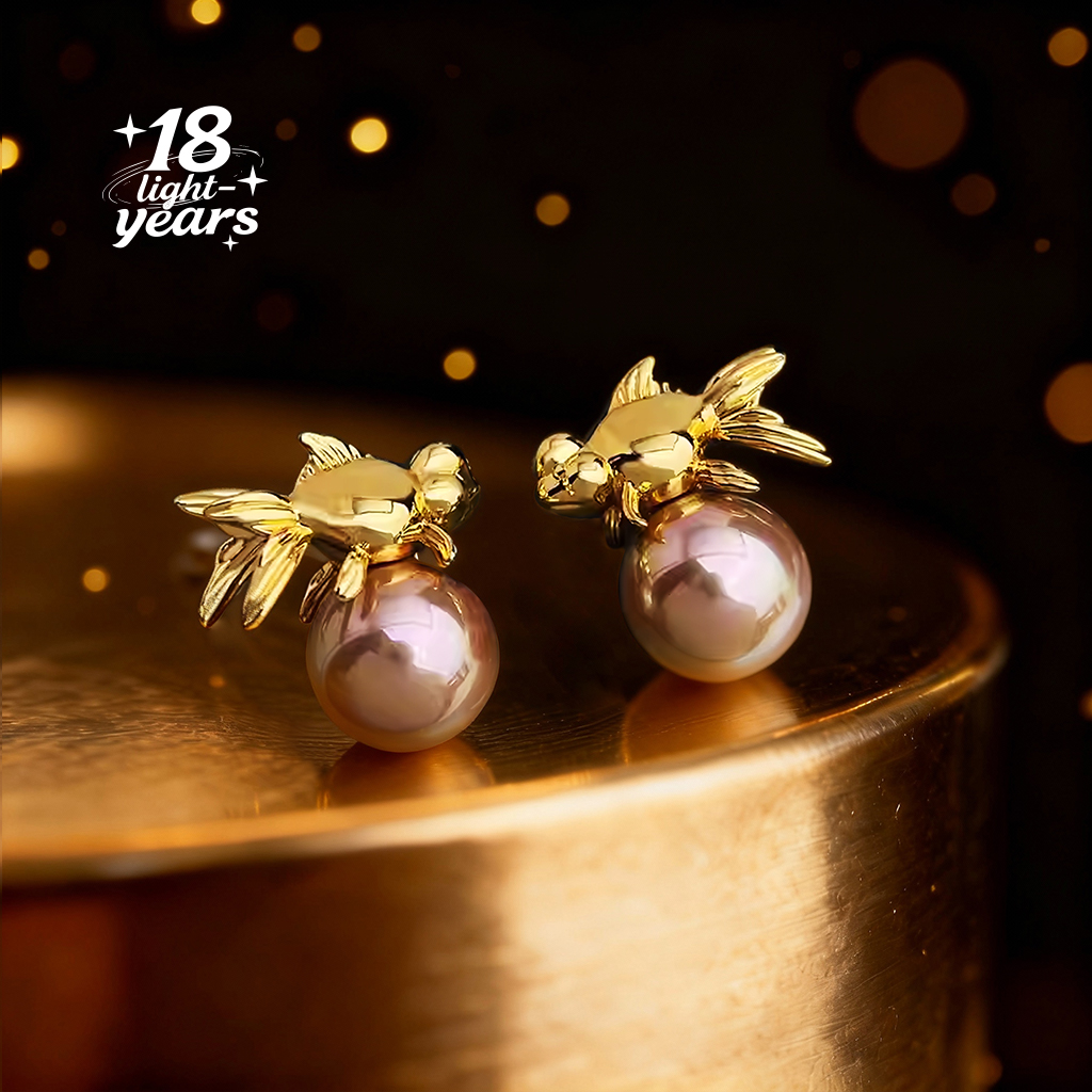 18光年 七秒记忆~厚镀18K真金设计师款金鱼珍珠耳钉小众文艺风