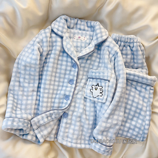 线条小狗毛绒睡衣男童秋冬季加厚保暖珊瑚绒女孩中大儿童家居服