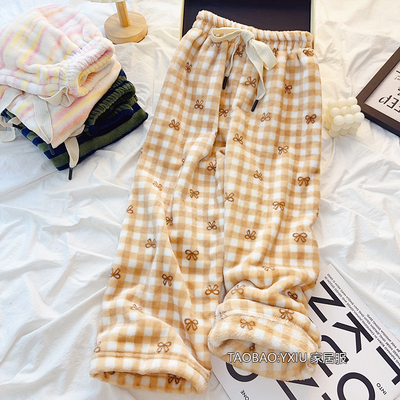 儿童格子珊瑚绒睡裤女童秋冬季法兰绒保暖加厚可外穿休闲家居裤子