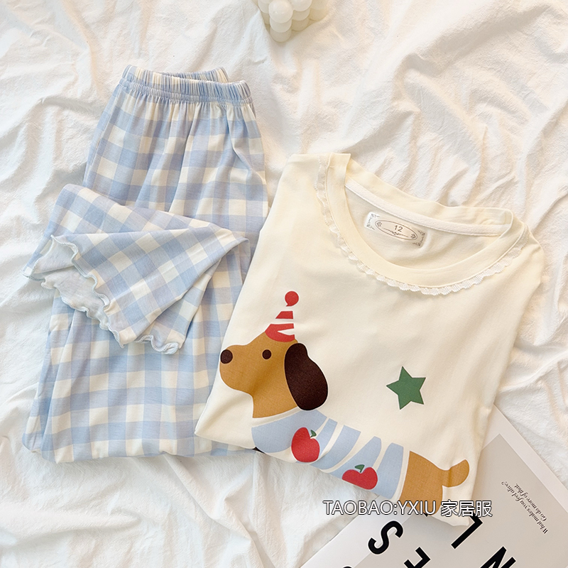 网红腊肠狗睡衣女童春秋季带胸垫莫代尔儿童长袖2025新款夏天套装