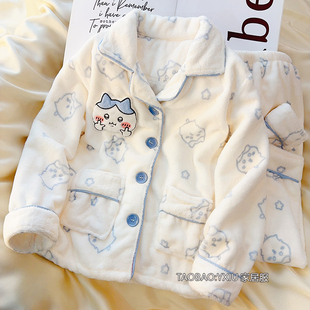 牛奶绒儿童睡衣女童秋冬季加厚加绒chiikawa小八珊瑚绒女孩家居服