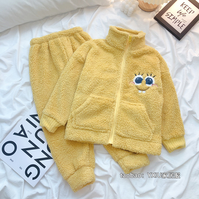 珊瑚绒儿童睡衣女童男童海绵宝宝