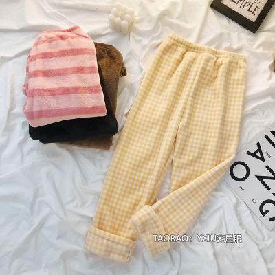 儿童睡裤秋冬季格子法兰绒裤子男童女童宝宝珊瑚绒保暖暖裤家居裤