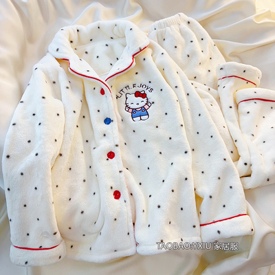 女童睡衣套装2025新款秋冬季保暖法兰绒可爱KT猫儿童亲子珊瑚绒款