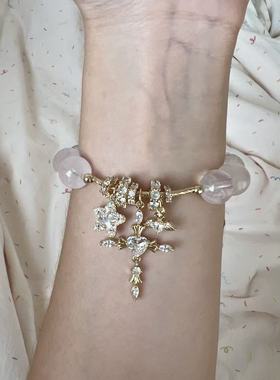 现货多面体原创天然粉水晶手链手串爱心十字架