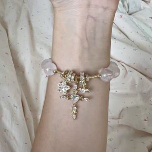 现货多面体原创天然粉水晶手链手串爱心十字架