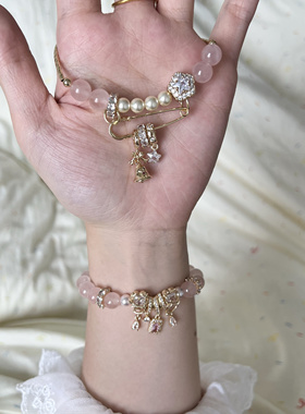 多面体原创！天然粉水晶手链手串别针胖星星珍珠精致可爱