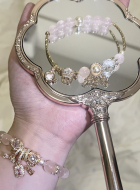 多面体原创 天然白阿塞粉水晶莫粉水晶手链手串珍珠梦语链可爱