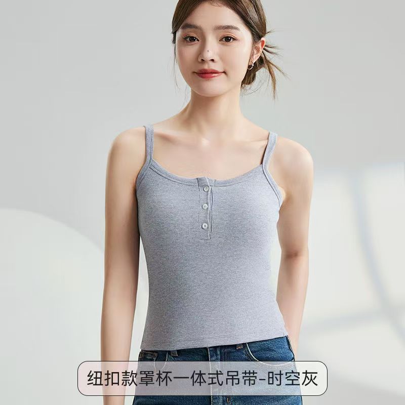 夏天吊带背心女带胸垫内搭外穿文胸一体纽扣时尚辣妹百搭打底上衣