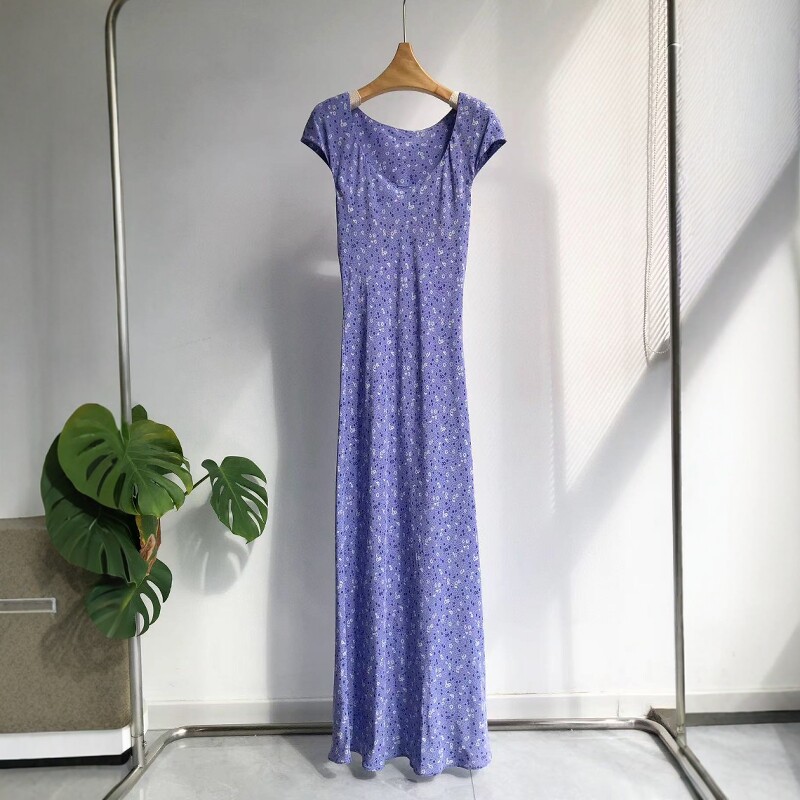 25春夏18姆米真丝双绉紫花连衣裙