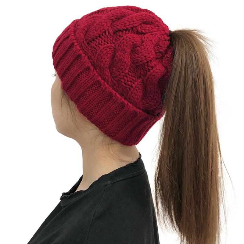 毛线帽露马尾女冬季户外保暖护耳