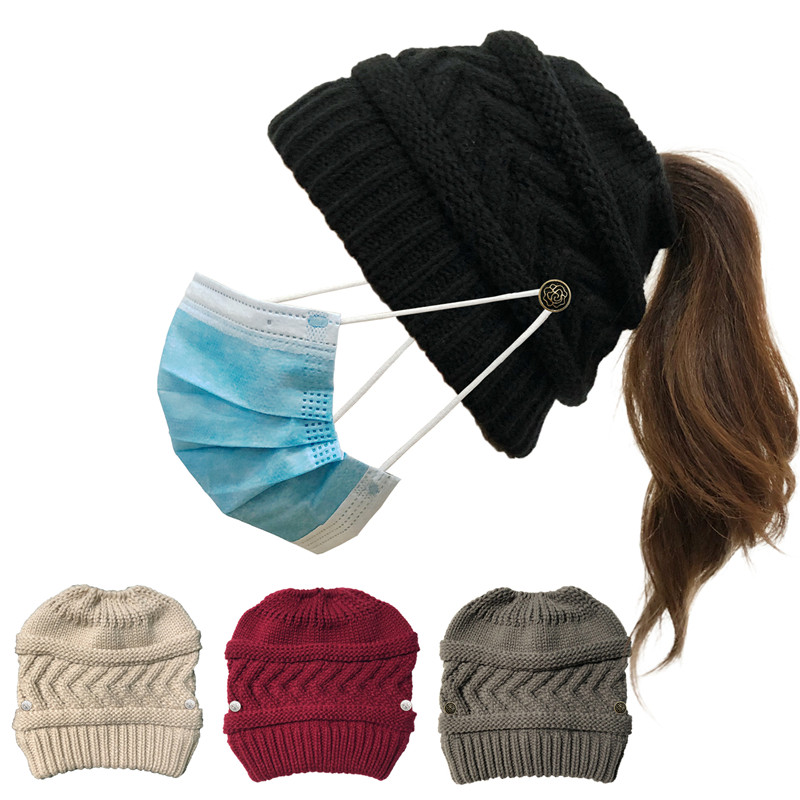 空顶毛线帽女秋冬季可挂口罩