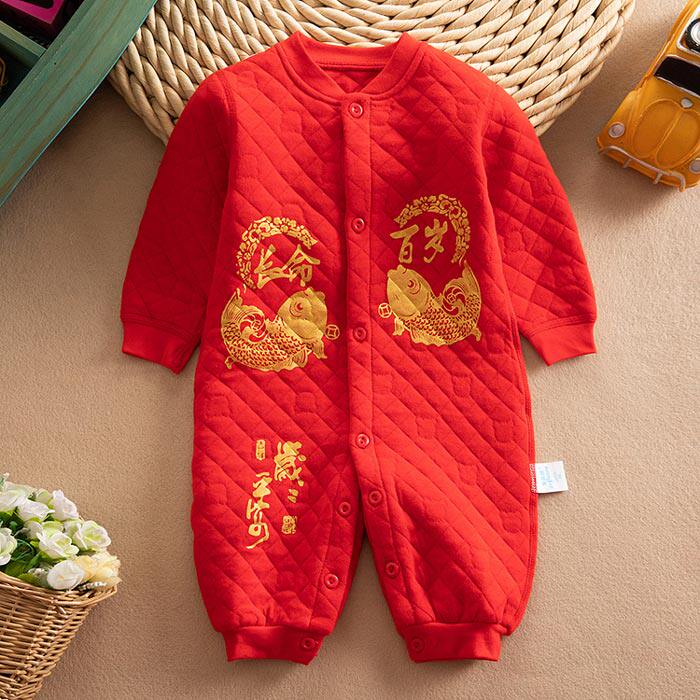 秋冬婴儿满月服大红色保暖连体衣加厚宝宝爬服新生儿百岁哈衣新年