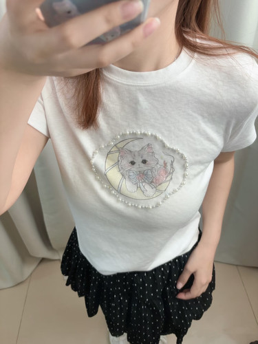 韩系慵懒风重工订珠喷溅小猫咪图案短袖T恤圆领百搭休闲减龄短款t