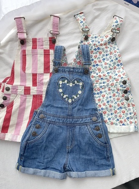 98-164英单女童BD春秋梭织条纹牛仔爱心背带裤短裤儿童裤子童装