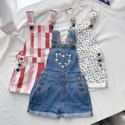 98-164英单女童BD春秋梭织条纹牛仔爱心背带裤短裤儿童裤子童装