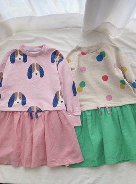 98-164英单BD女童春秋纯棉毛圈长袖波点狗狗印花连衣裙儿童裙子