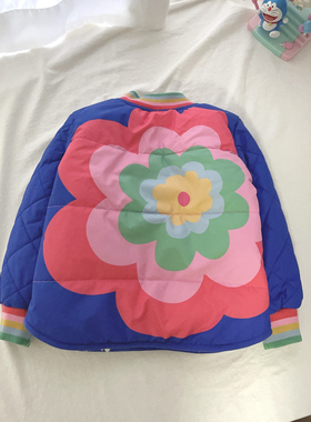 92-128英单bd女童春秋冬彩虹花朵机绗棉薄夹克加绒棉服外套棉衣