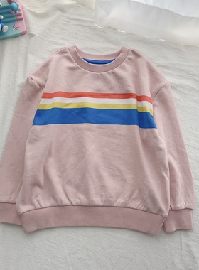 98-164英单BD男女童春秋条纹印花毛圈纯棉套头运动卫衣中大童儿童