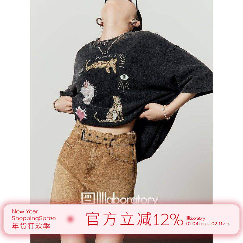 周里物/沙漠色复古高腰牛仔半身裙套装女黑色卡通印花T恤牛仔短裙,女装/女士精品,时尚套装,淘宝优惠券,粉丝福利购,淘宝优惠卷