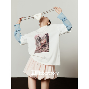 周里物「残垣豹影」宽松T恤女2026春季 百搭印花设计感上衣女 新款