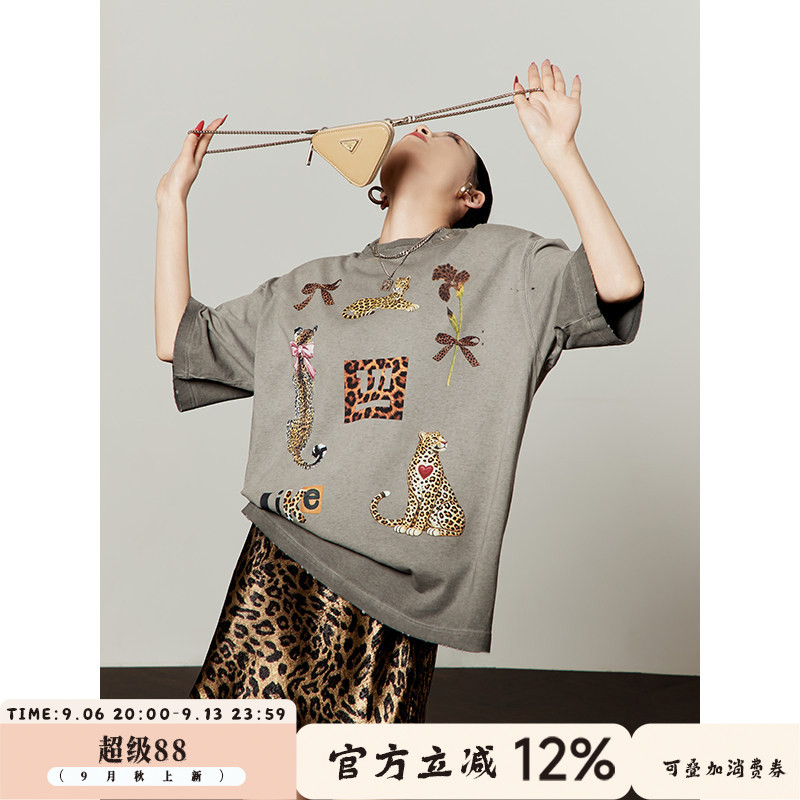 周里物/复古灰豹纹印花T恤女2026夏季新款今年超流行正反破洞短袖