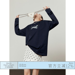 周里物出品「斑点狗」海军蓝T恤女2026春季新款慵懒风圆领上衣