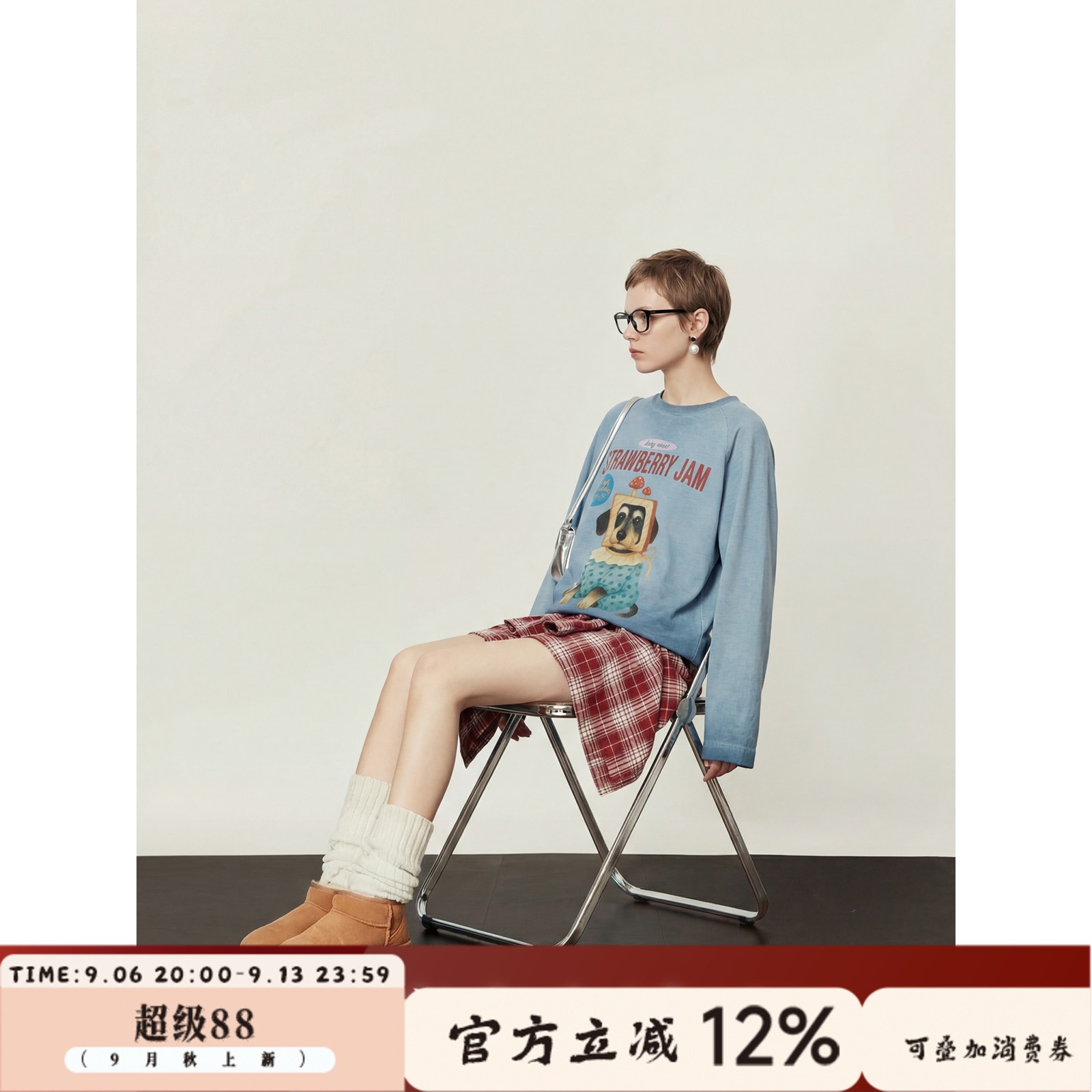 周里物出品「吐司狗」灰蓝色T恤女2026秋季新款宽松休闲印花上衣
