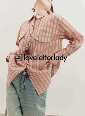 周里物橙色条纹衬衫女2025初春新款复古撞色休闲宽松慵懒翻领上衣