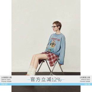 周里物出品「吐司狗」灰蓝色T恤女2026春季 宽松休闲印花上衣 新款