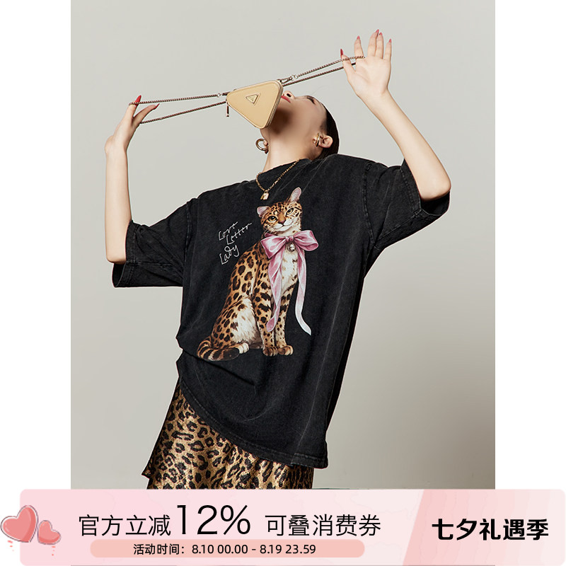 周里物/做旧炒花黑蝴蝶结豹猫印花t恤女2026新款夏慵懒风复古短袖
