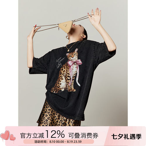 周里物复古做旧黑炒花短袖T恤女
