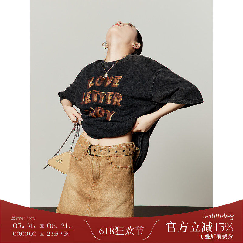 周里物/沙漠色复古高腰牛仔半身裙女配腰带防走光A字牛仔短裙
