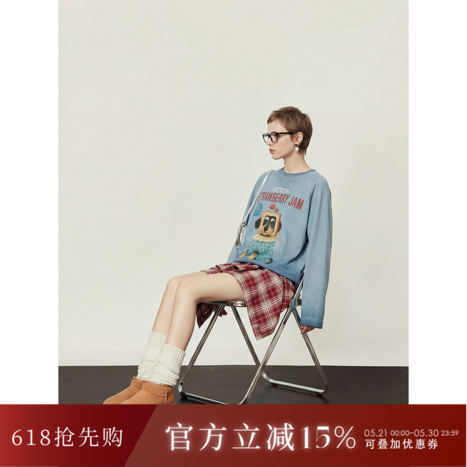 周里物出品「吐司狗」灰蓝色T恤女2026春季新款宽松休闲印花上衣